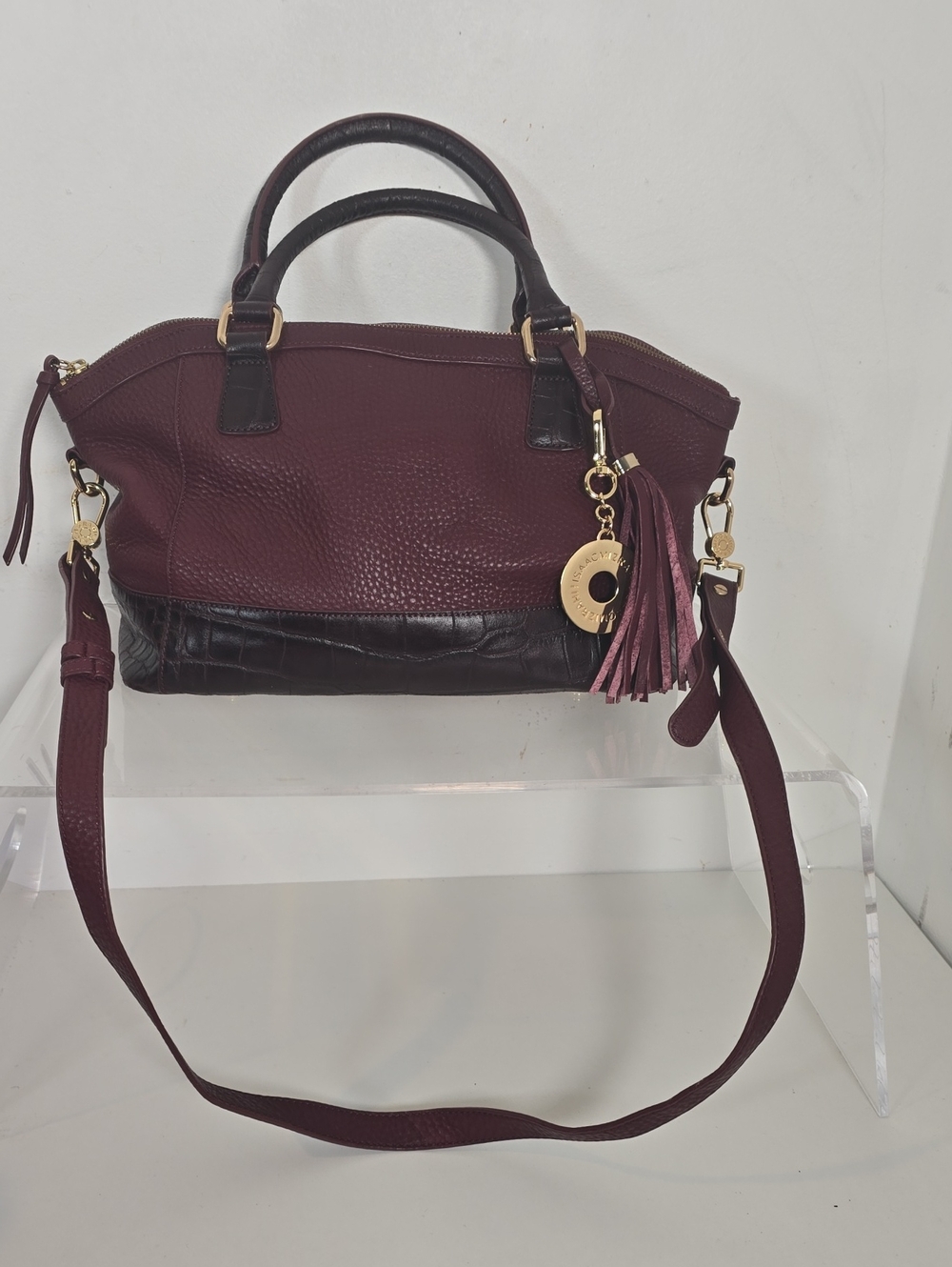 Isaac Mizrahi Burgundy and Dark Brown Leather Satchel with Tassel Charm